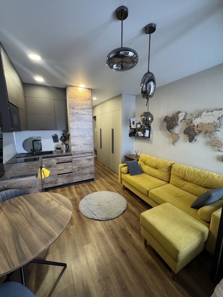 Квартира-судия. Современный дизайнерский ремонт, пространство спланировано удобно и продуманно.с/у совмещен. Вся мебель и техника остаются.